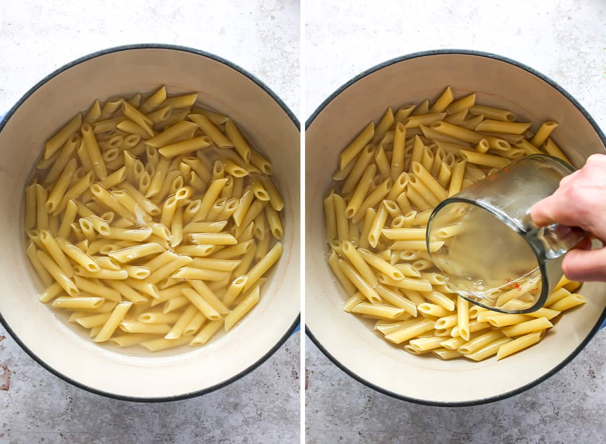 two overhead photos showing how to make Pasta Primavera