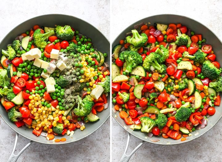 two overhead photos showing How to Make Pasta Primavera Recipe