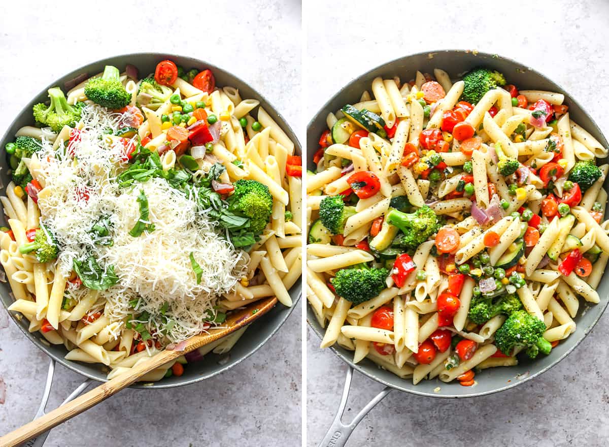 two overhead photos showing How to Make Pasta Primavera