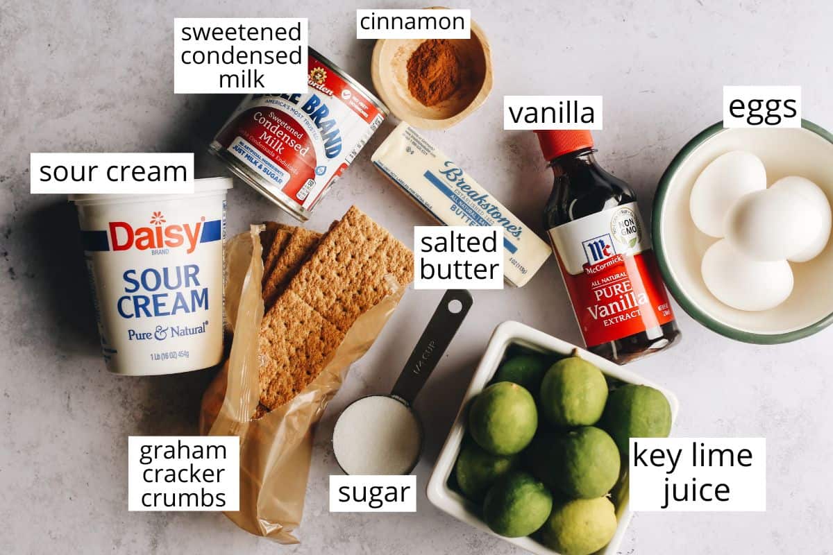 overhead photo of the labeled ingredients in this Key Lime Pie recipe