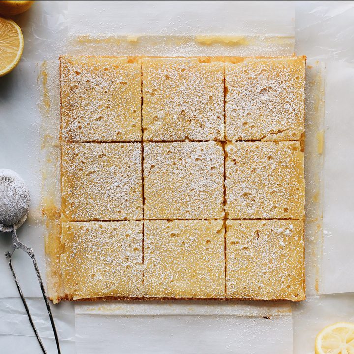 overhead photo of 9 baked lemon squares 