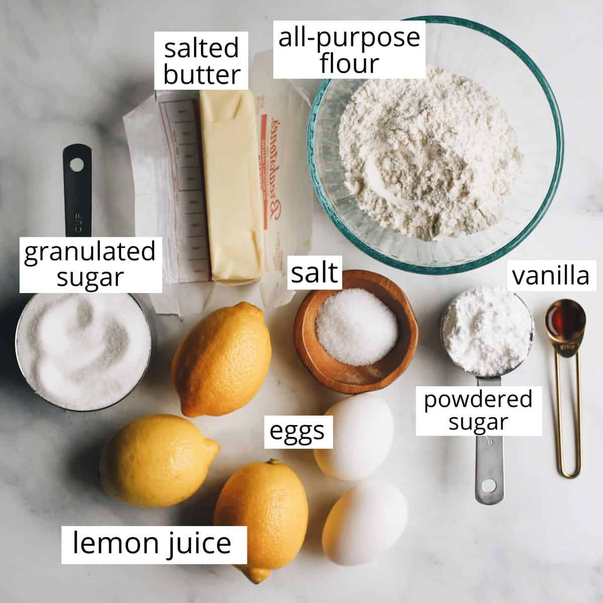 overhead photo of the labeled ingredients in this Lemon Bars Recipe