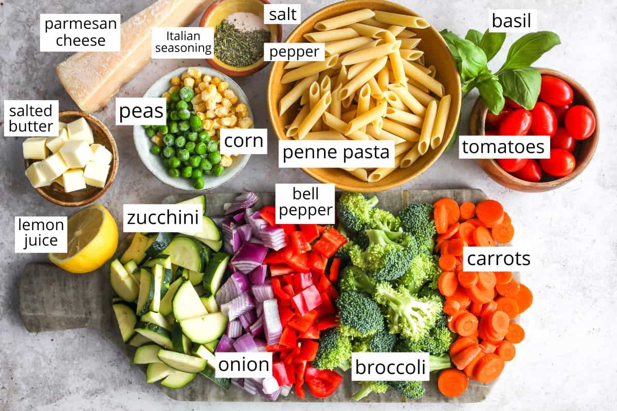 overhead view of the labeled ingredients in this Pasta Primavera Recipe