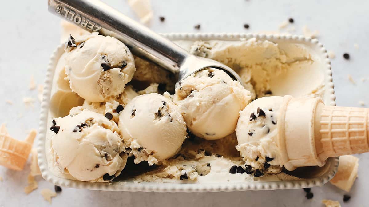 overhead photo of scoops of Chocolate Chip Cookie Dough Ice Cream