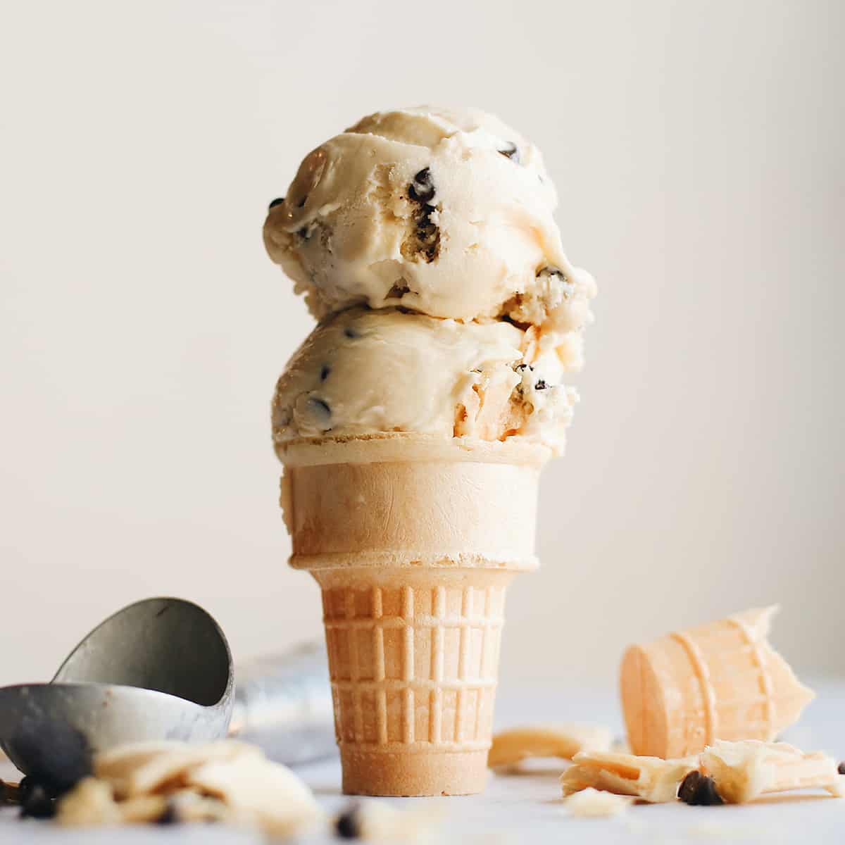 front photo of two scoops of Chocolate Chip Cookie Dough Ice Cream on a cone