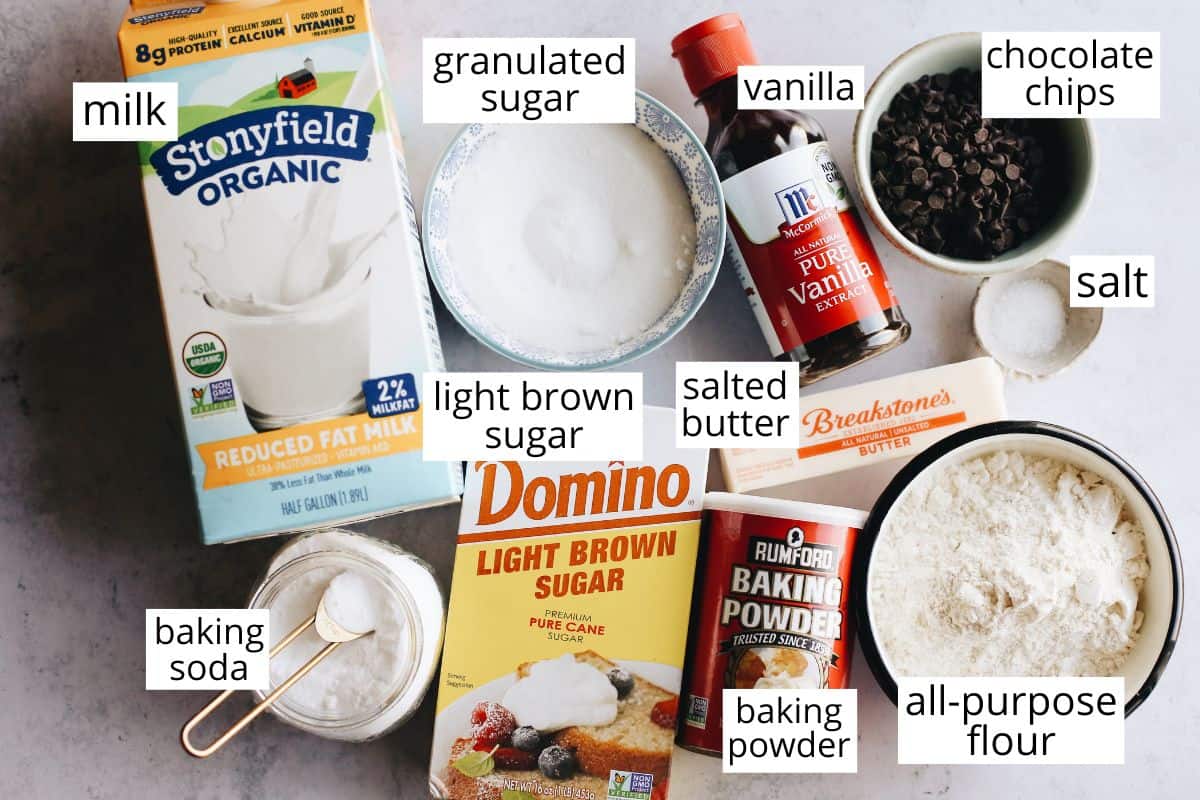 overhead photo of the labeled ingredients in this Chocolate Chip Cookie Dough Ice Cream recipe