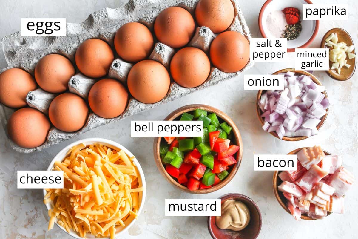 overhead view of the labeled ingredients in this Breakfast Egg Muffins Recipe (Egg Cups)
