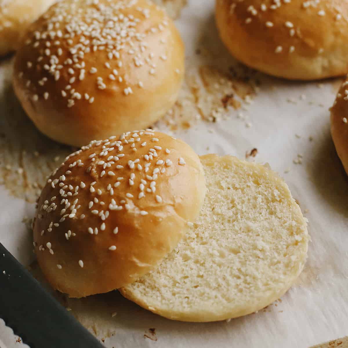 up close photos of a Homemade Burger Bun cut in half