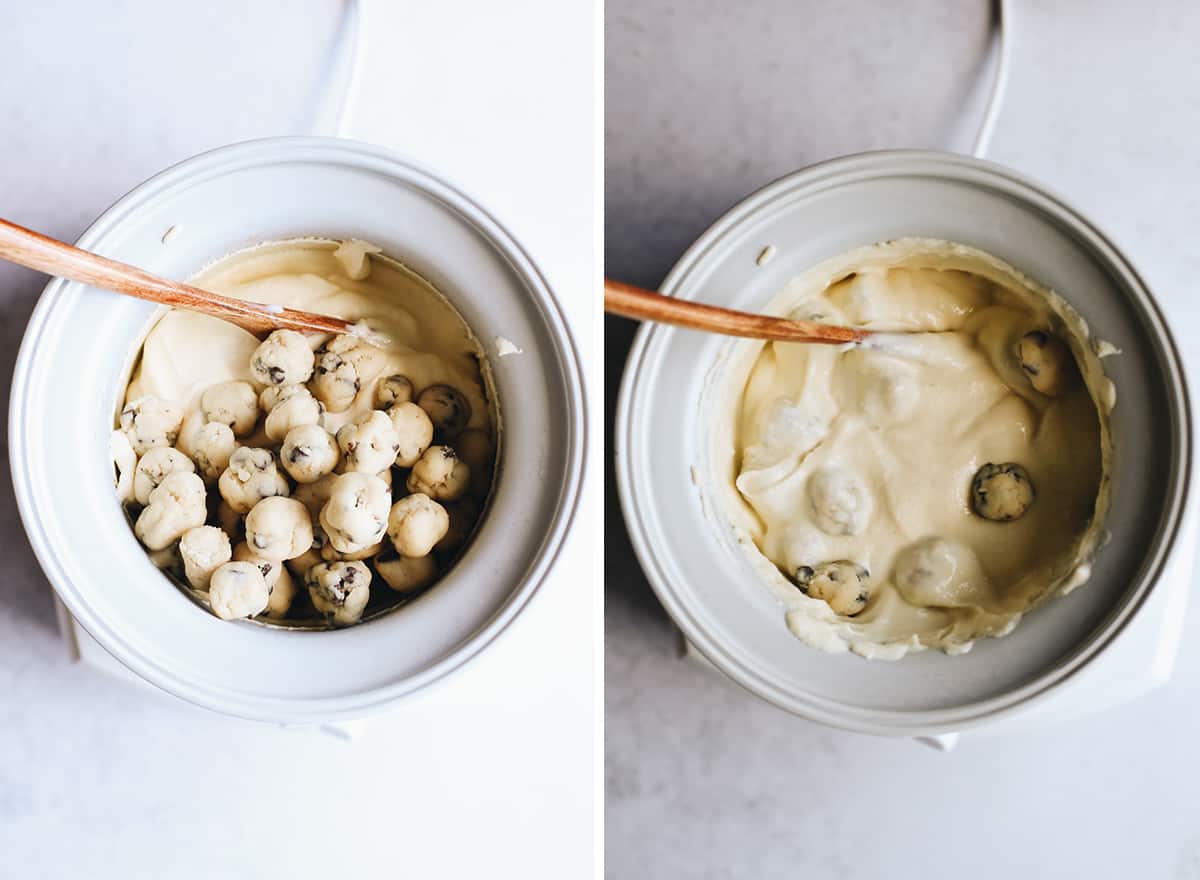 two overhead photos showing How to Make Cookie Dough Ice Cream