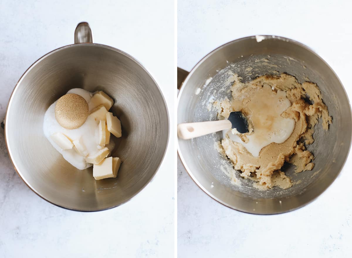 two overhead photos showing How to Make Cookie Dough Ice Cream
