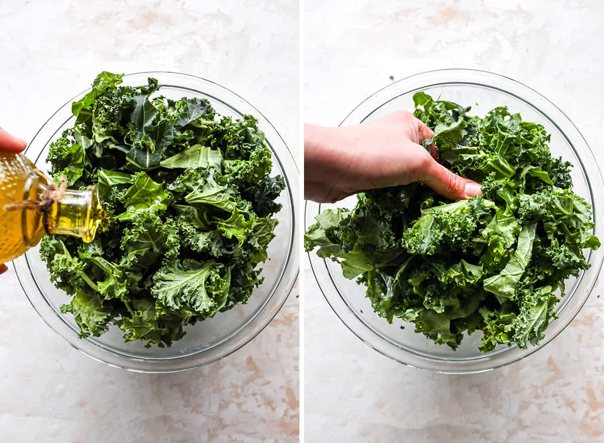 two overhead photos showing how to make kale salad