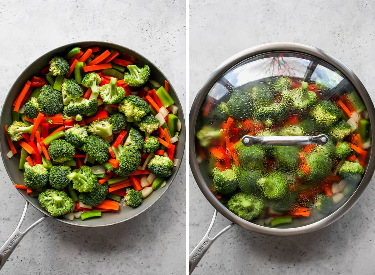two overhead photos showing How to Stir Fry Vegetables