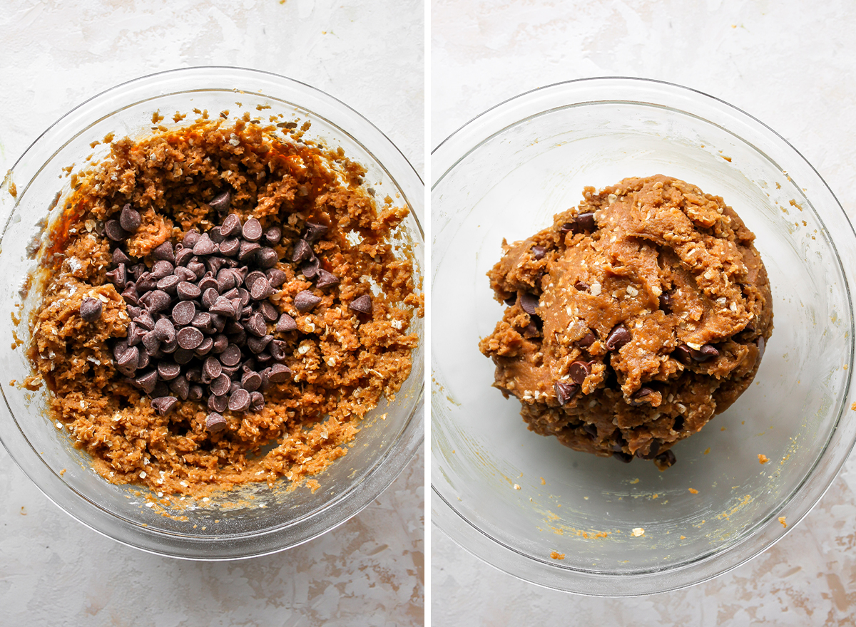 two overhead photos showing How to make Peanut Butter Oatmeal Cookies