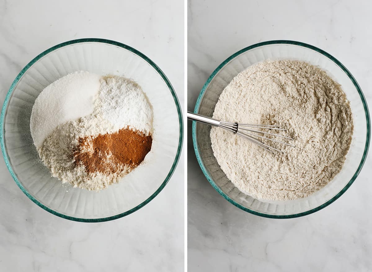 two photos showing How to Make Pumpkin Scones - combining dry ingredients 