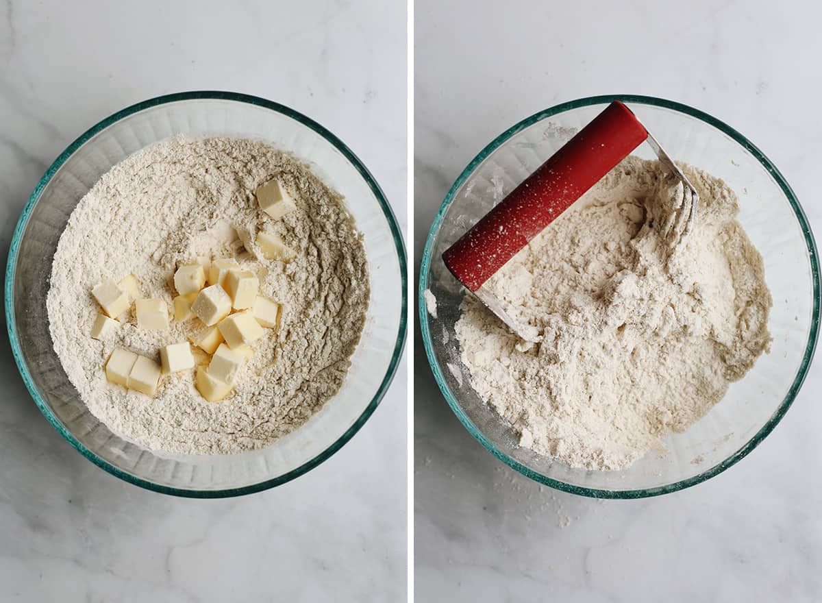 two photos showing How to Make Pumpkin Scones - cutting butter into dry ingredient mixture with a pastry cutter 