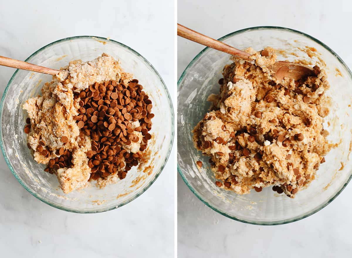 two photos showing How to Make Pumpkin Scones - adding cinnamon chips 