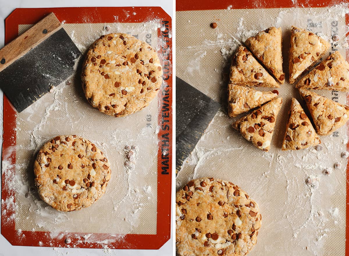 two photos showing How to Make Pumpkin Scones - forming into two discs and then cutting into 16 scones