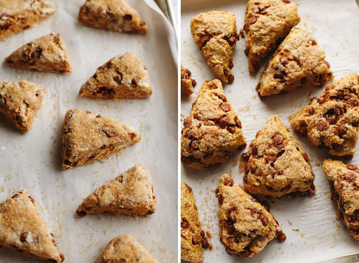 two photos showing How to Make Pumpkin Scones - before and after baking on the baking sheet