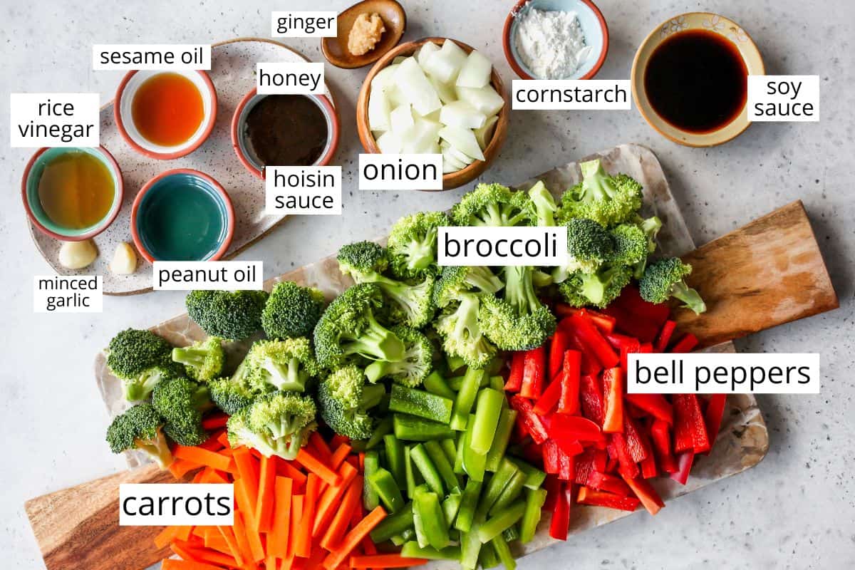 overhead photo of the labeled ingredients in this vegetable stir fry recipe