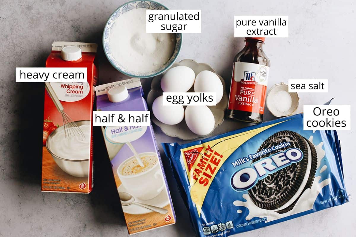 overhead photo of the labeled ingredients in this Oreo ice cream recipe