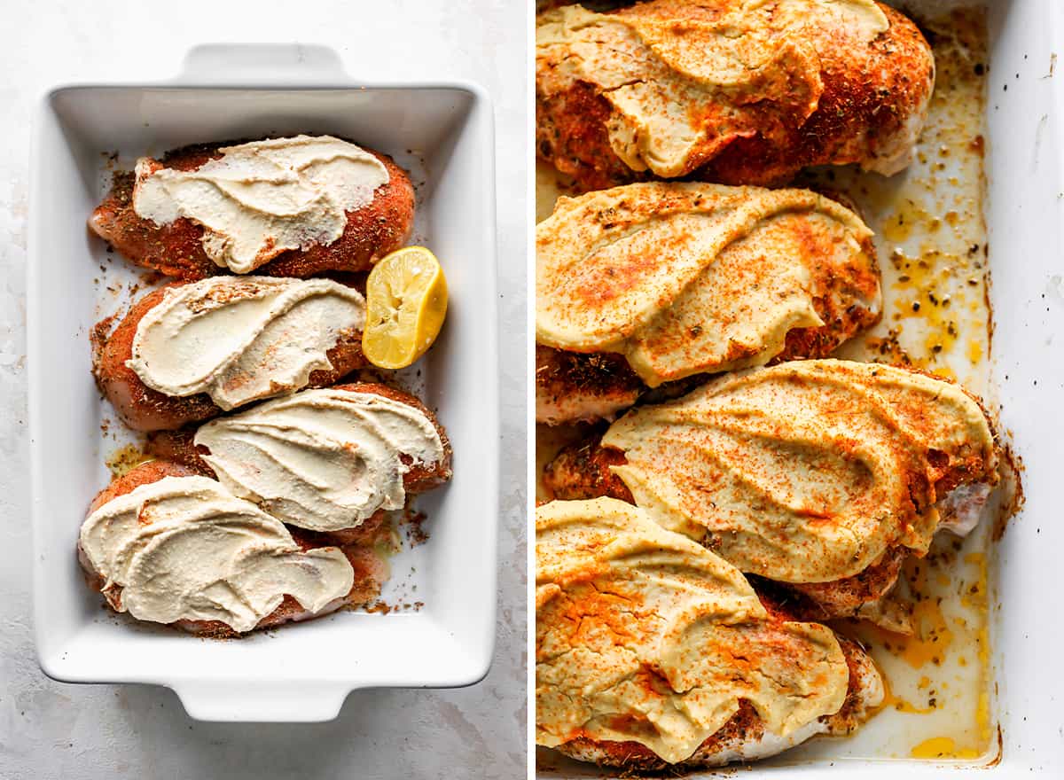 two overhead photos showing How to Make Baked Hummus Chicken