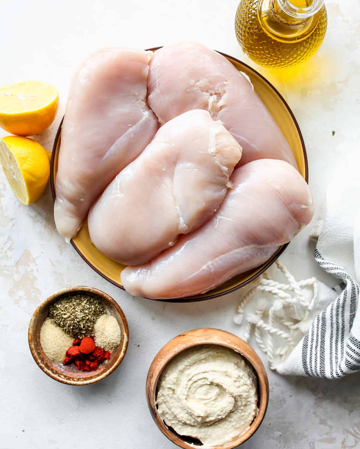 overhead photo of the ingredients in this Baked Hummus Chicken Recipe