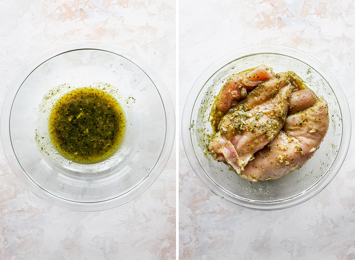 two photos showing how to make baked pesto chicken: marinating chicken breasts