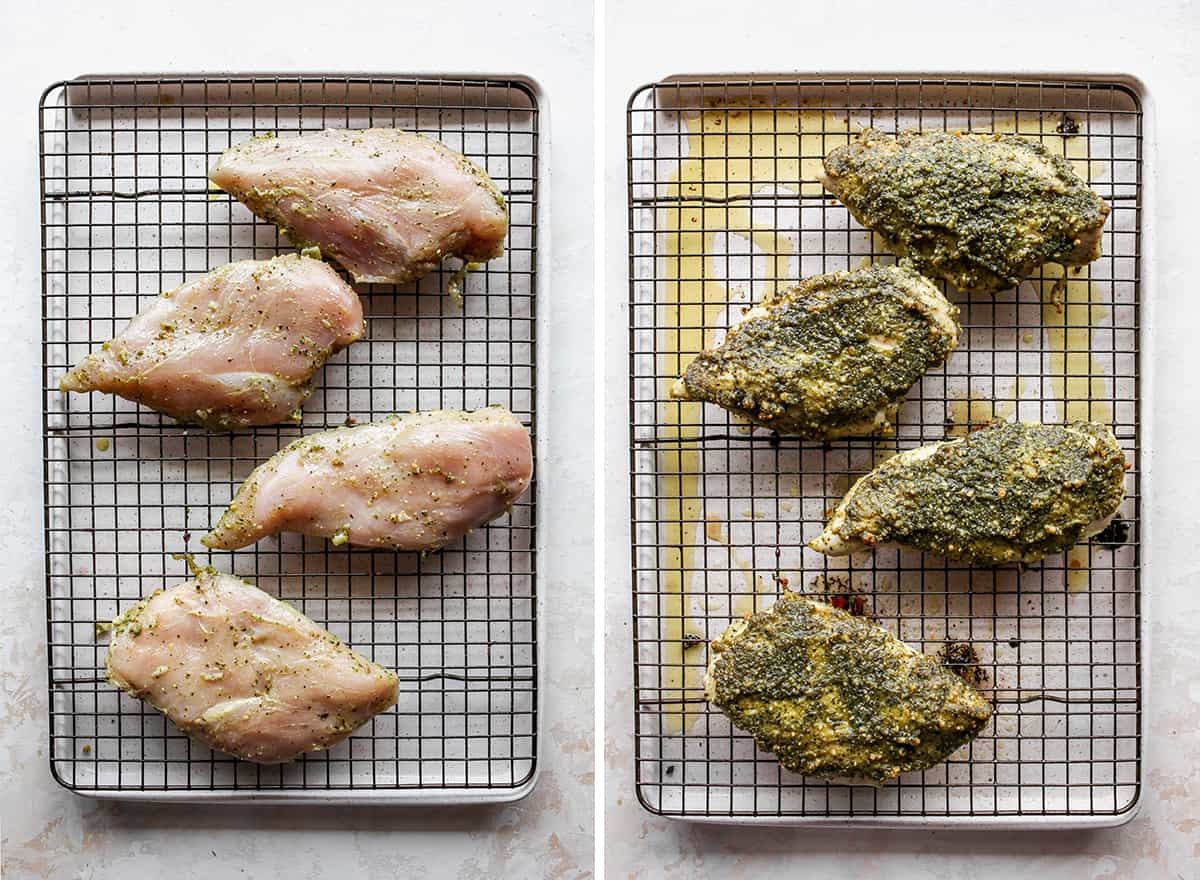 two photos showing how to make baked pesto chicken 