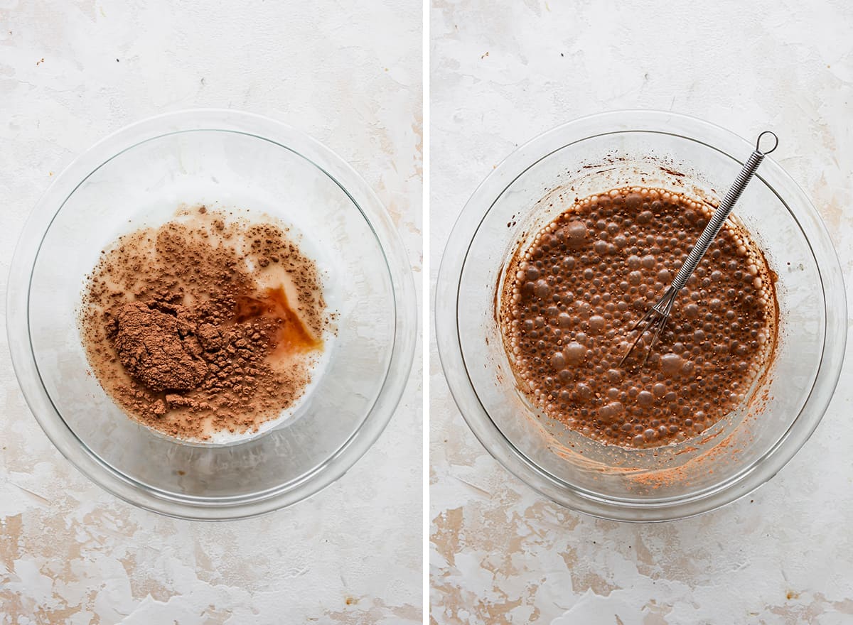 two overhead photos showing How to Make Chocolate Chia Pudding