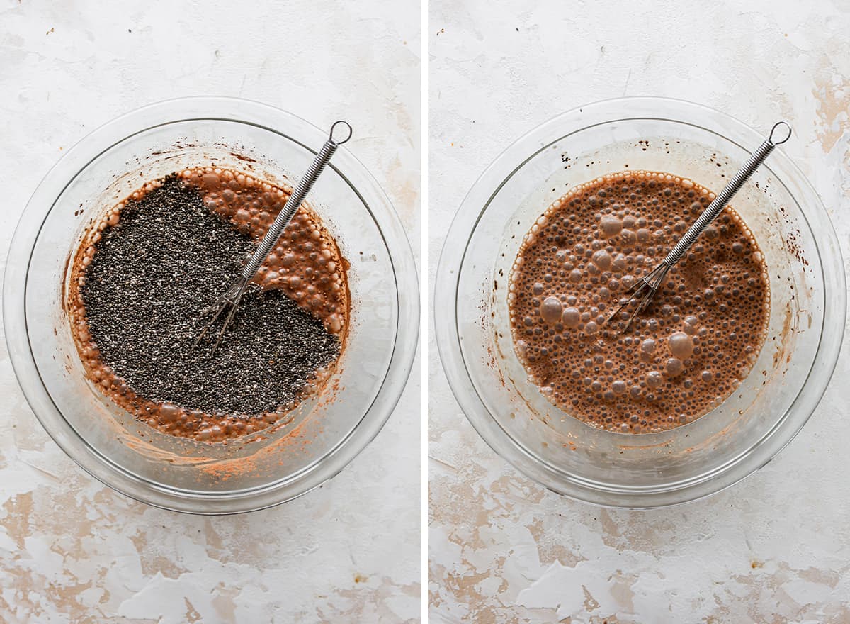 two overhead photos showing How to Make Chocolate Chia Pudding