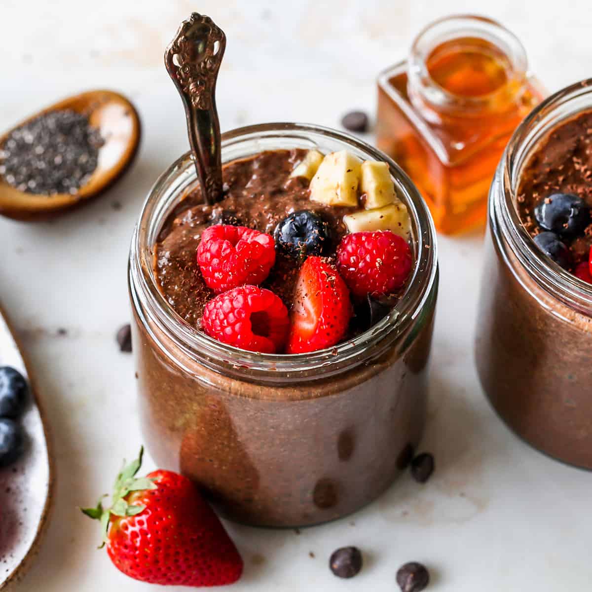 jar of Chocolate Chia Seed Pudding with fruit