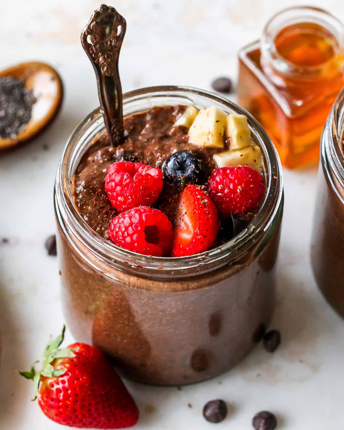 Chocolate Chia Seed Pudding in a jar with fruit