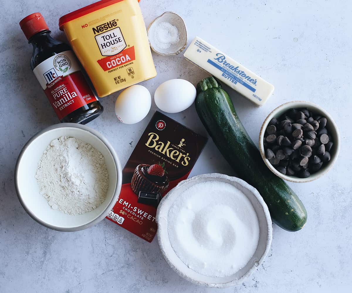 overhead photo of the ingredients in this chocolate zucchini brownie recipe