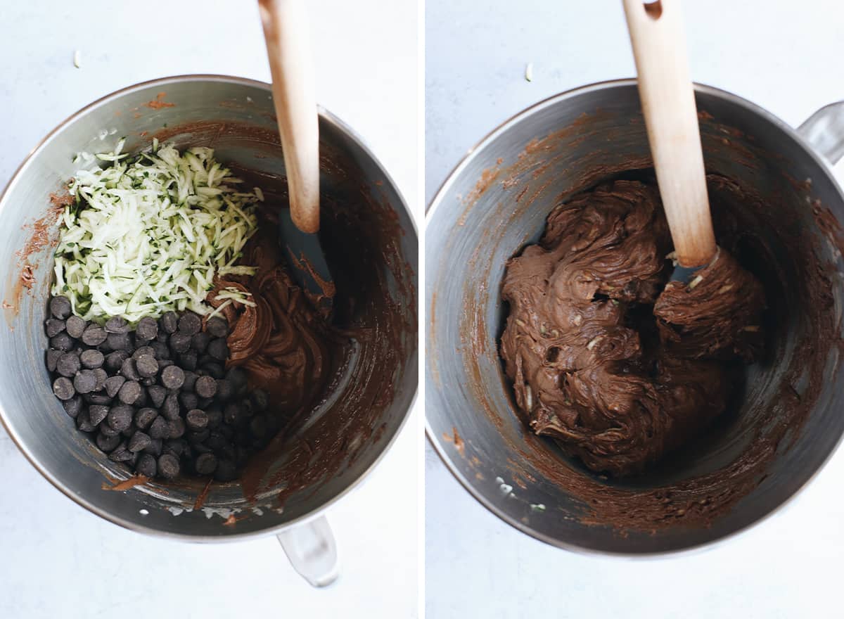 two overhead photos showing How to Make Zucchini Brownies