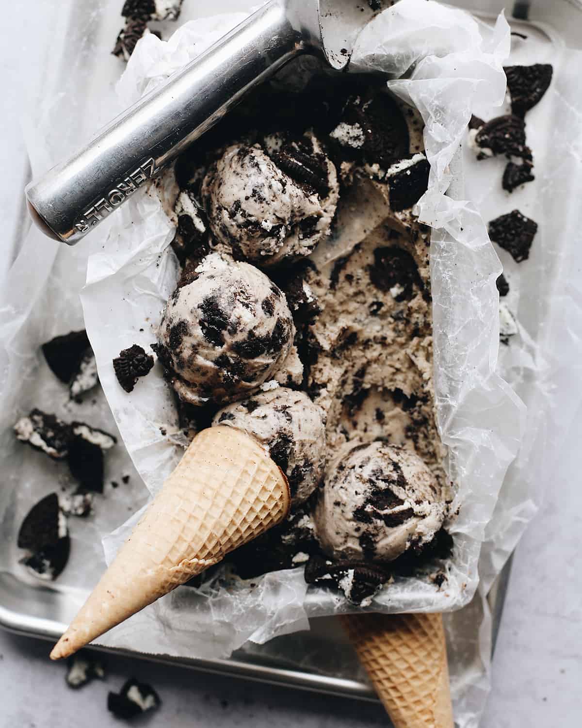 overhead view of scoops of Cookies and Cream Ice Cream 