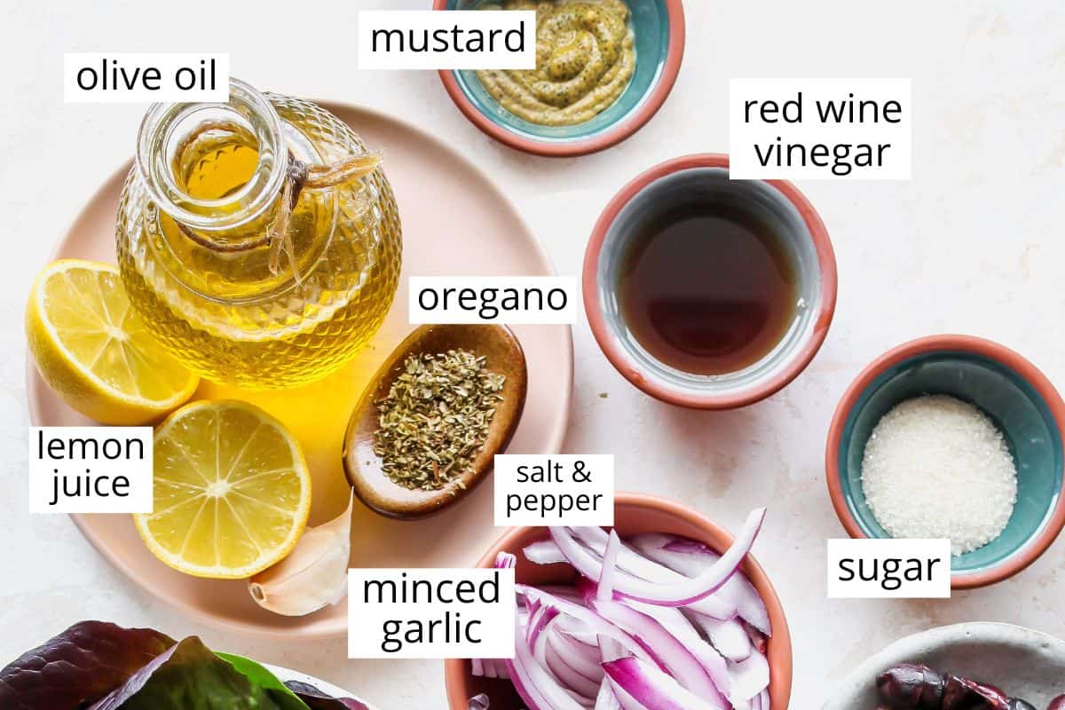 overhead photo of the labeled ingredients in this Greek Salad Dressing recipe
