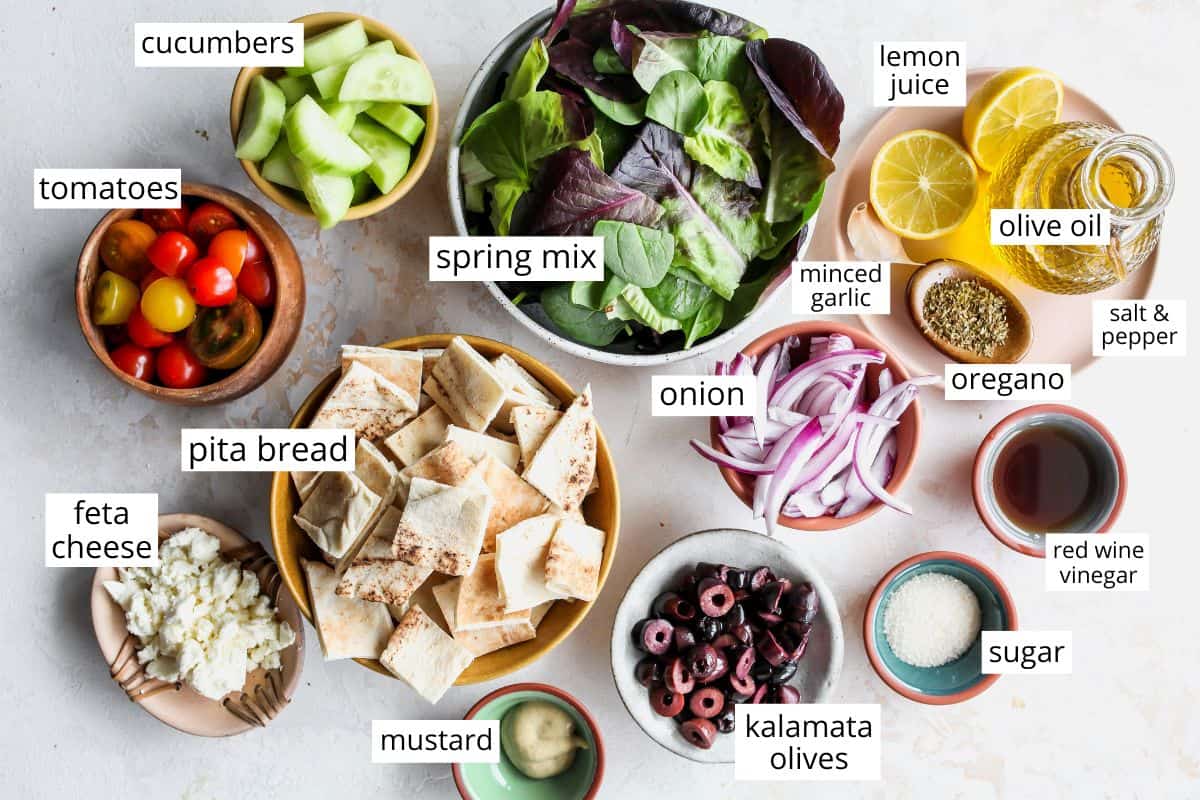 overhead photo of the labeled ingredients in this Greek Salad Recipe