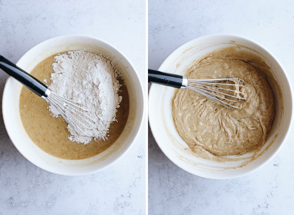 two photos showing how to make Banana Chocolate Chip Muffins, adding the dry ingredients 