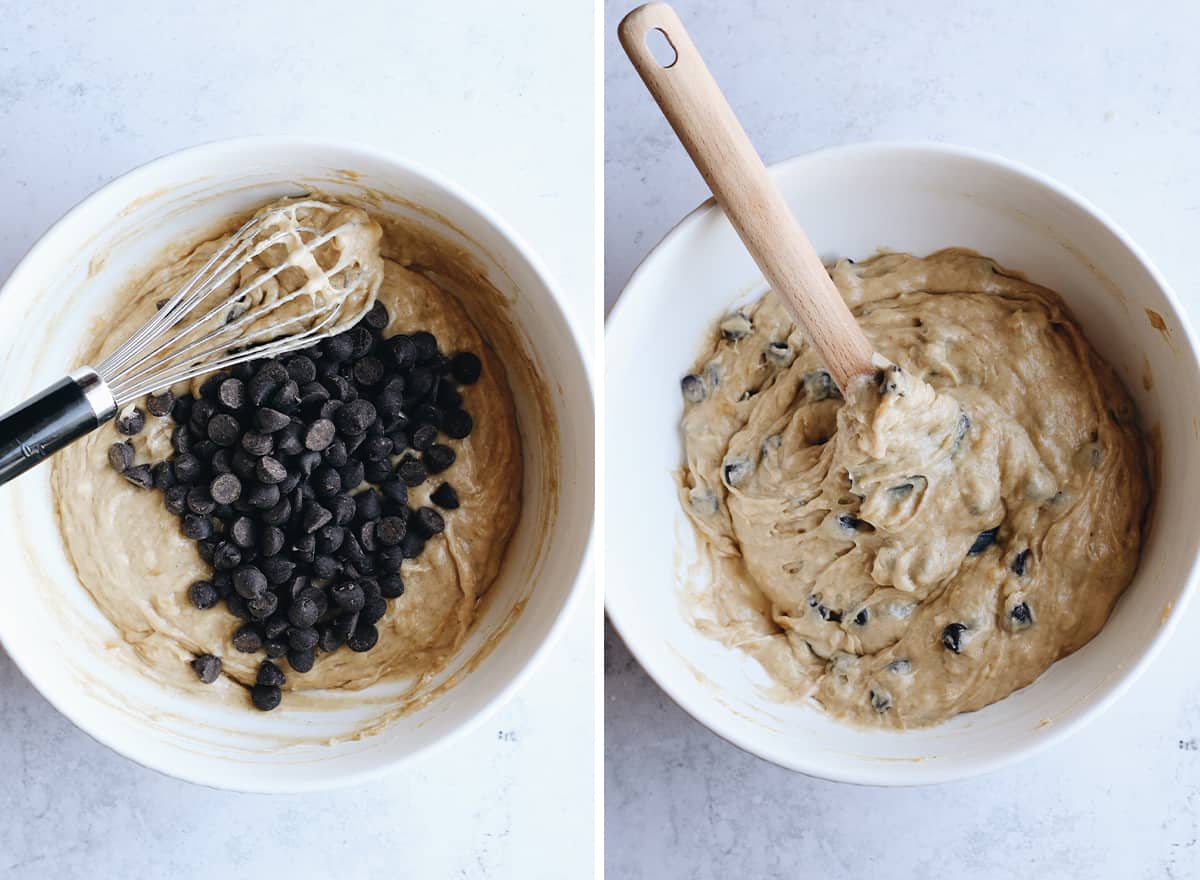 two photos showing adding chocolate chips to the Banana Chocolate Chip Muffin batter
