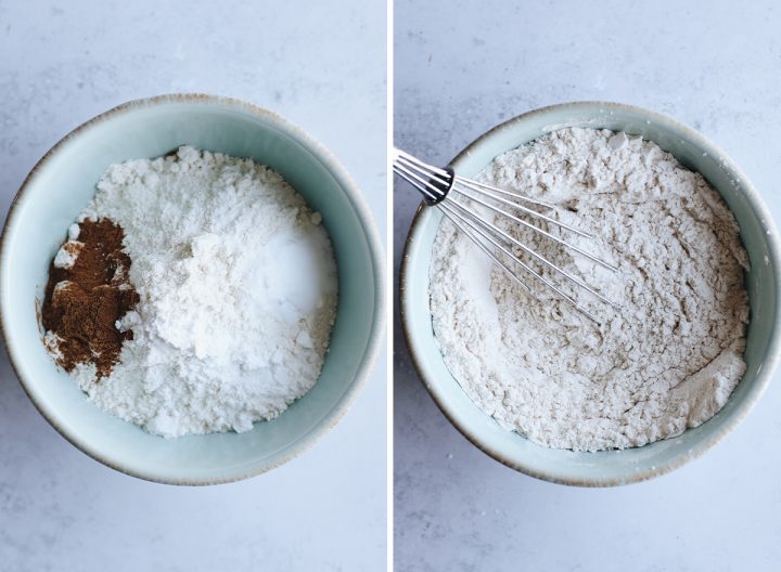 two photos showing how to make Banana Chocolate Chip Muffins - mixing the dry ingredients together
