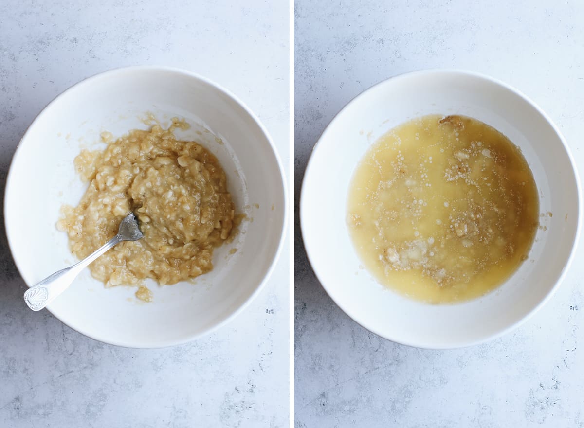 two photos showing how to make Banana Chocolate Chip Muffins, mashing bananas & adding butter