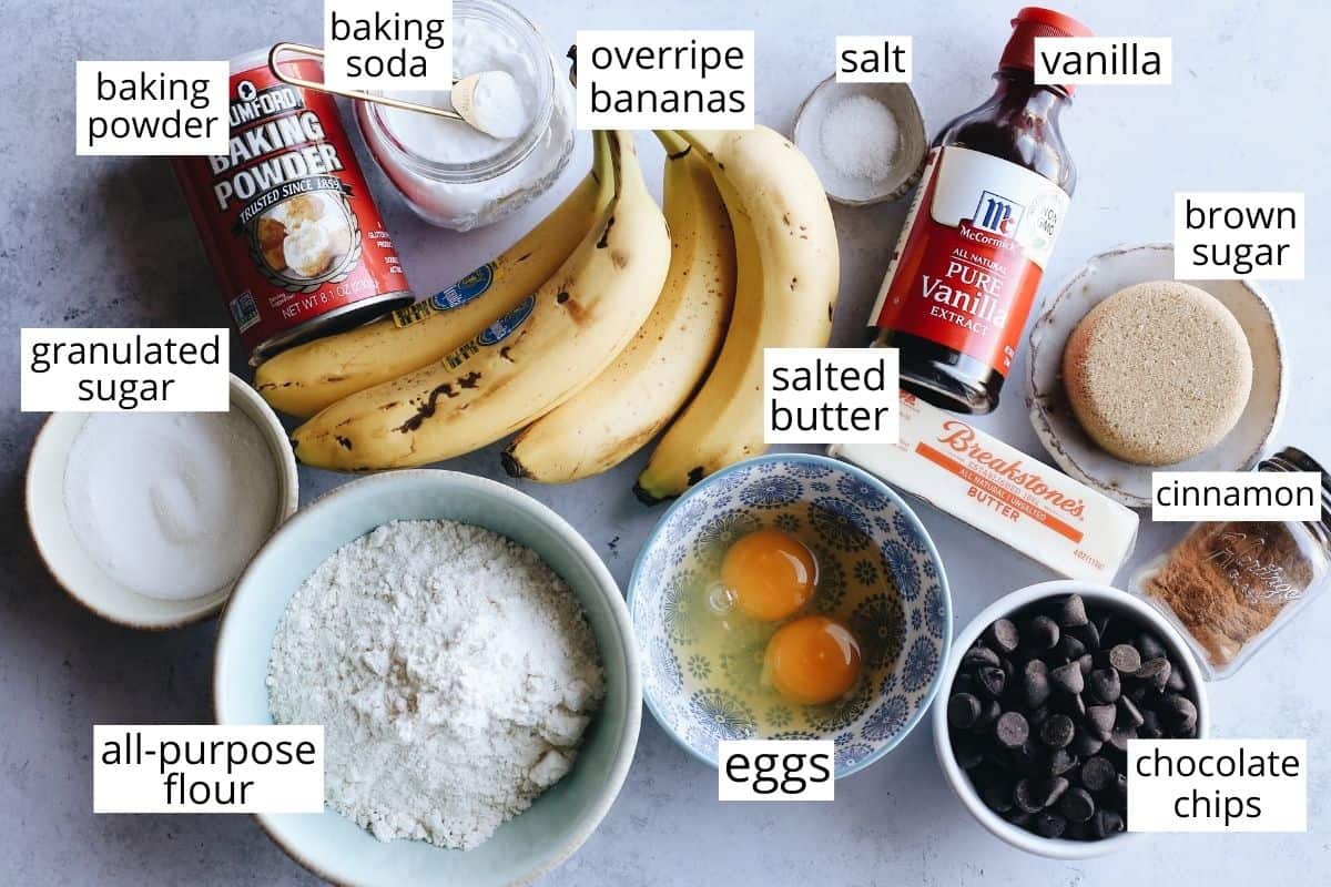 overhead photo of the labeled ingredients in this Banana Chocolate Chip Muffins recipe