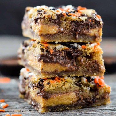front view of a stack of 3 Candy Cookie Bars.