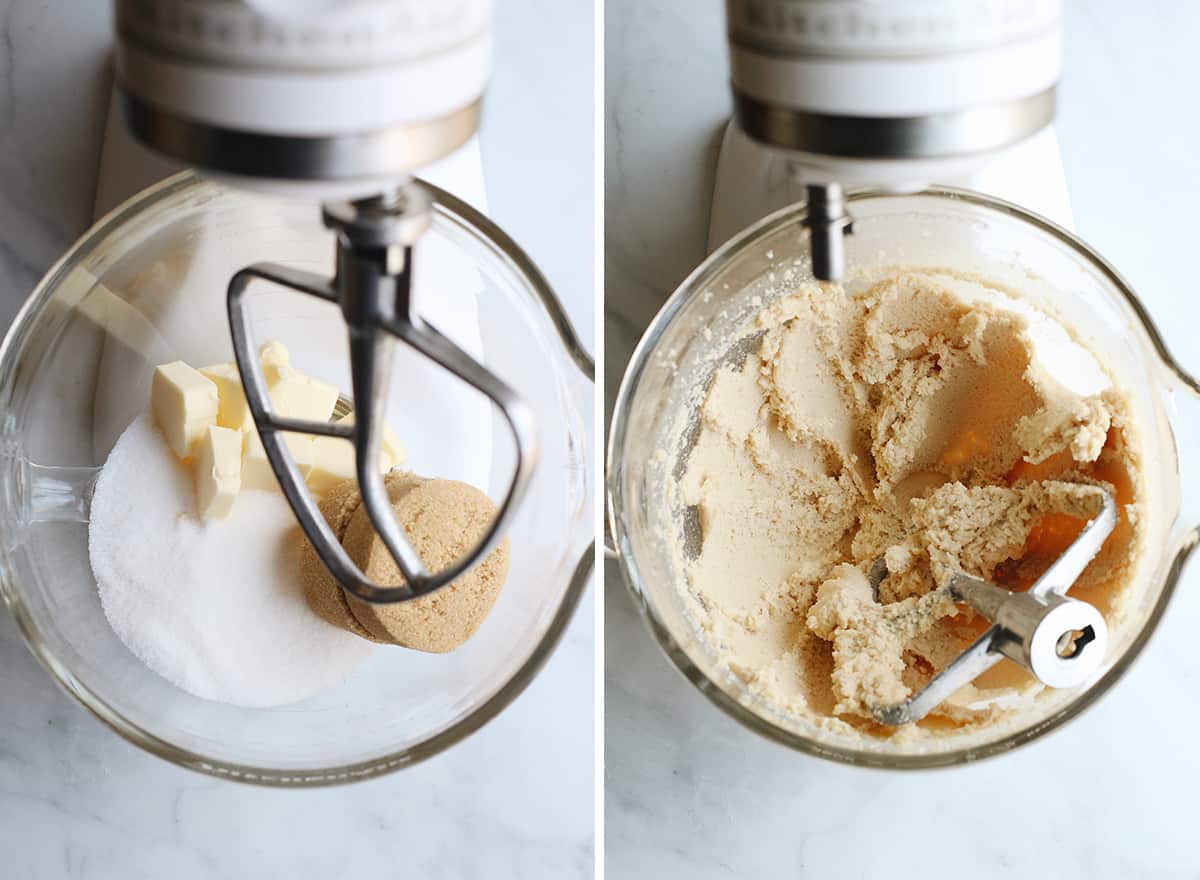two photos showing how to make cookie ice cream sandwiches - beating butter and sugars