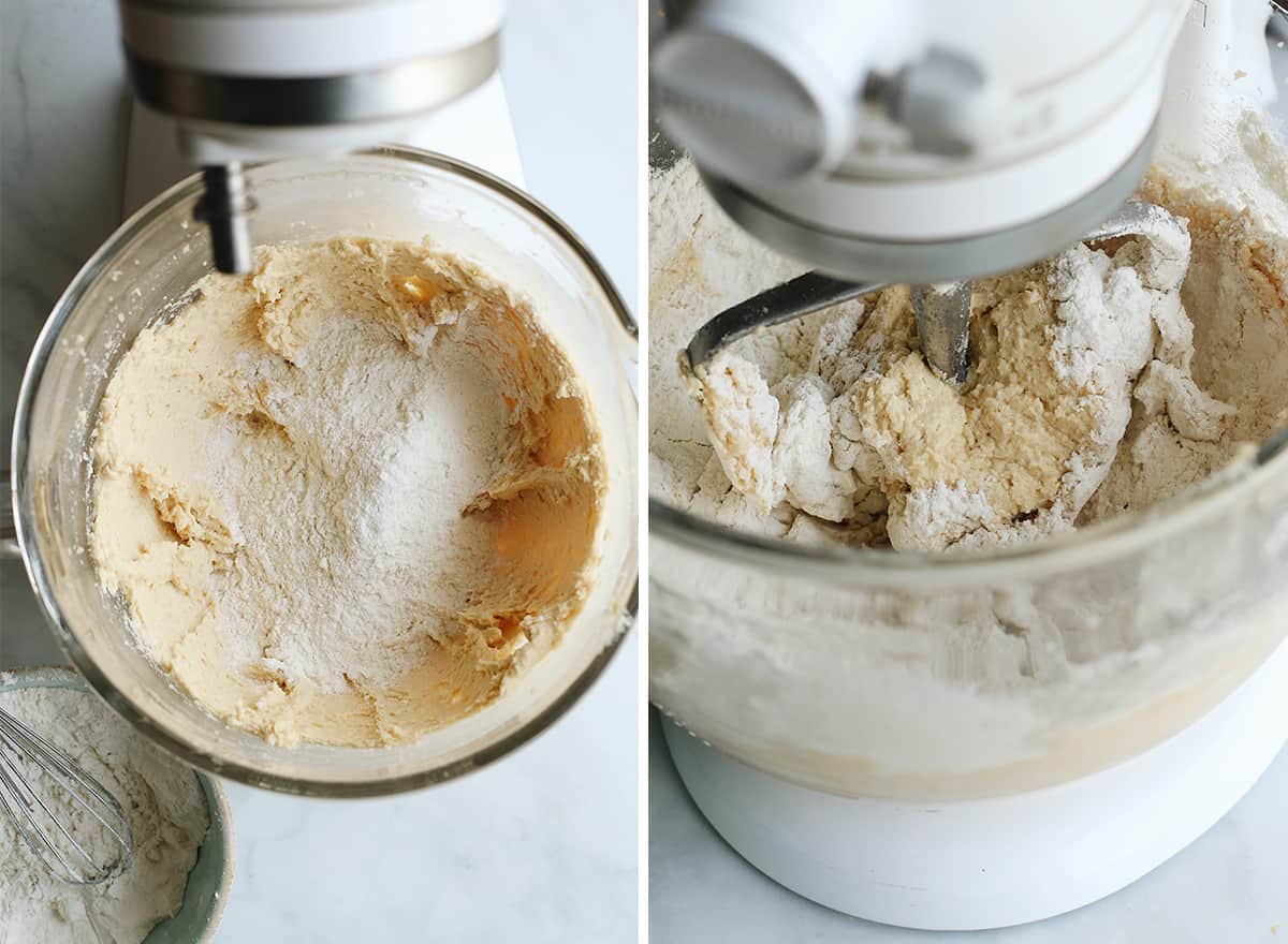 two photos showing how to make ice cream cookies - adding dry ingredients
