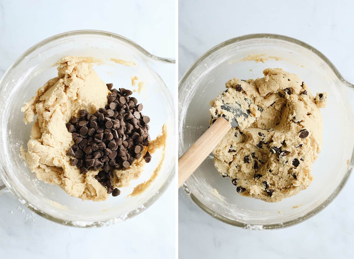 two photos showing how to make ice cream cookies - chocolate chips