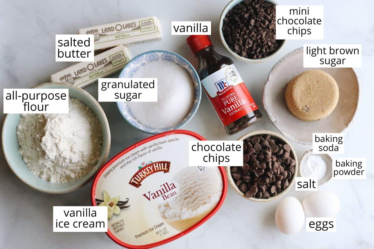 overhead photo of the labeled ingredients in this cookie ice cream sandwich recipe