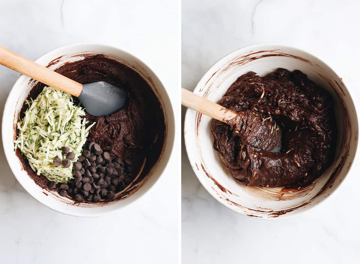 two overhead photos showing How to Make Chocolate Zucchini Bread