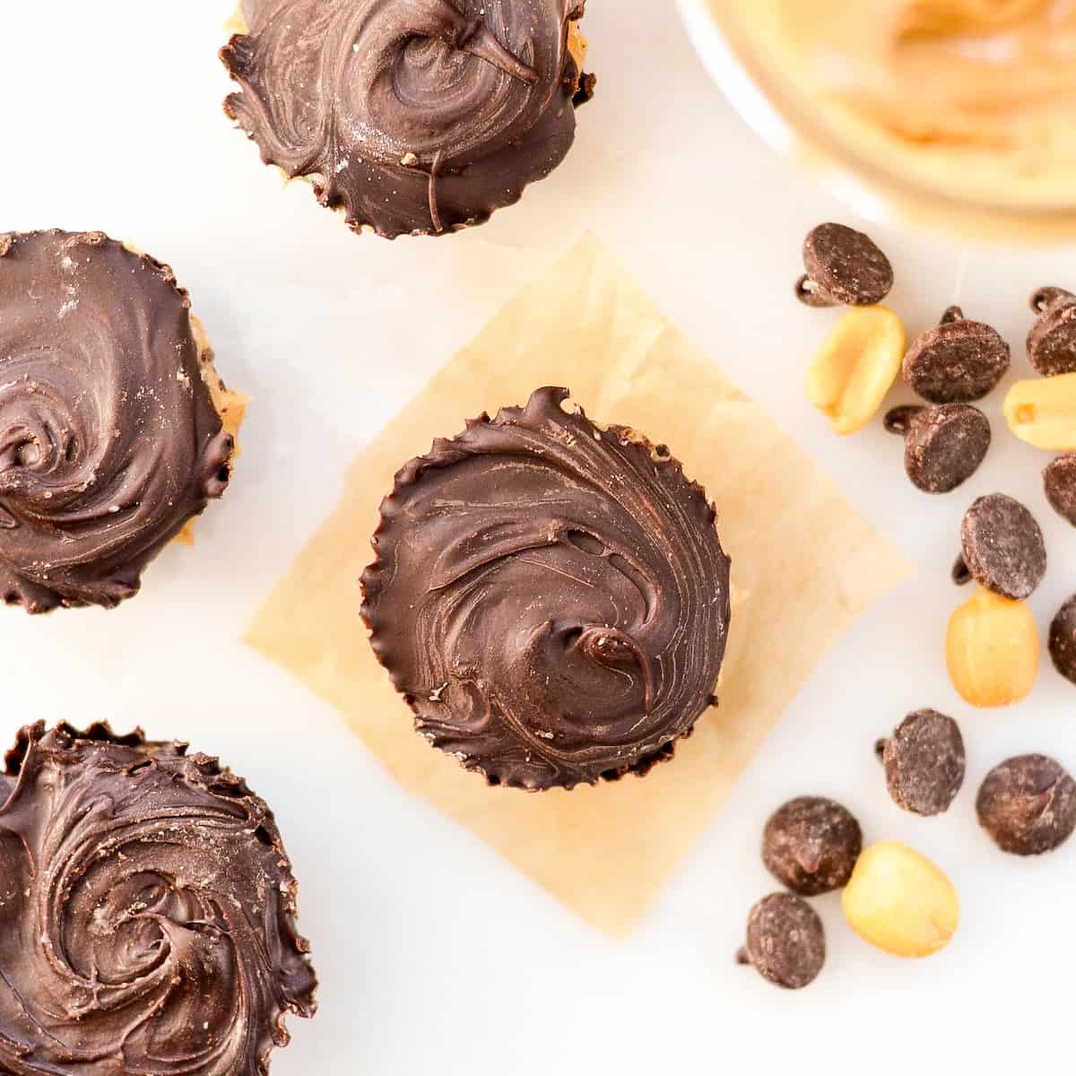 Overhead view of four Healthy Homemade Peanut Butter Cups.