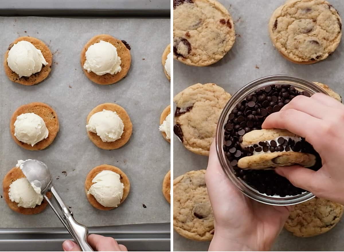 two photos showing how to make ice cream cookies - forming cookie ice cream sandwiches
